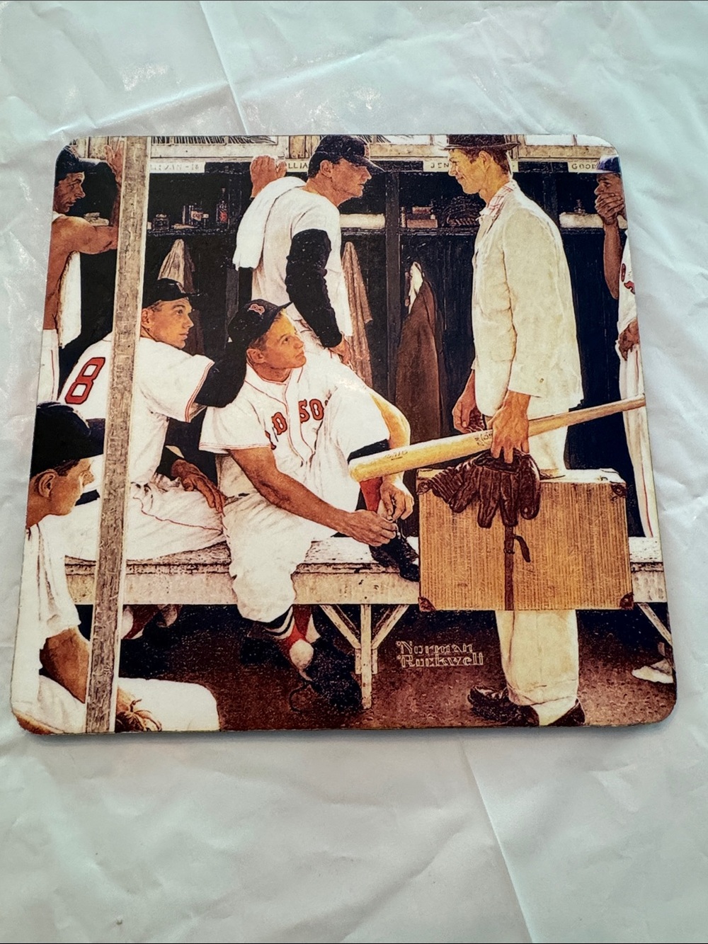 Norman Rockwell Baseball Bench Scene Decorative Plaque - White, Brown, Red